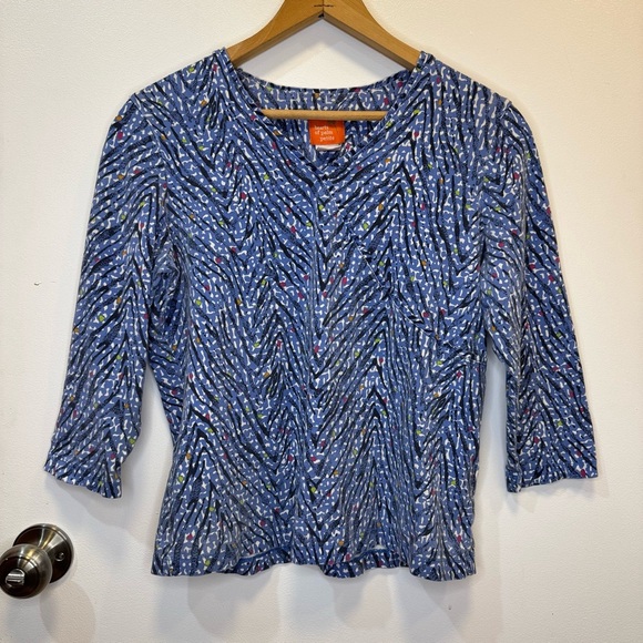 hearts of palm Tops - Hearts of Palm Blue and White Fitted Ribbed Blouse Women’s Size Petite Large